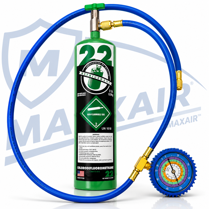 R22 Refrigerant Recharge Kit | 2 lb Virgin Refrigerant with Gauge &amp; Charging Hose