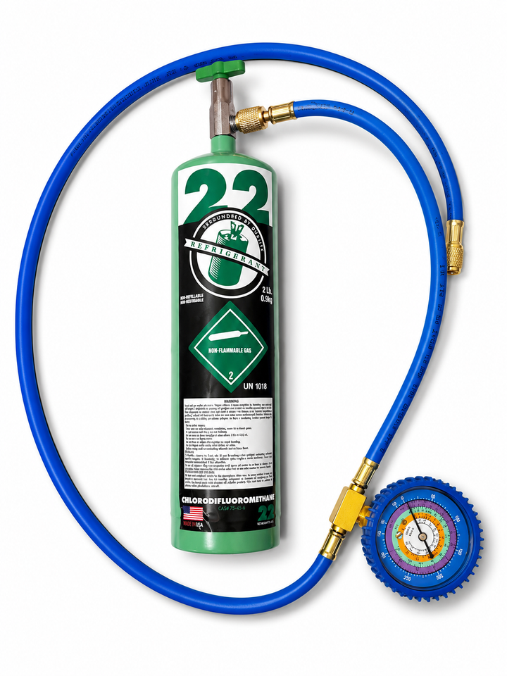 R22 Refrigerant Recharge Kit | 2 lb Virgin Refrigerant with Gauge &amp; Charging Hose
